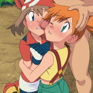 1boy, 2girls, bangs, bare arms, bike shorts, blue eyes, blush, brown hair, bush, censored, clenched teeth, clothed female nude male, collared shirt, commentary request, day