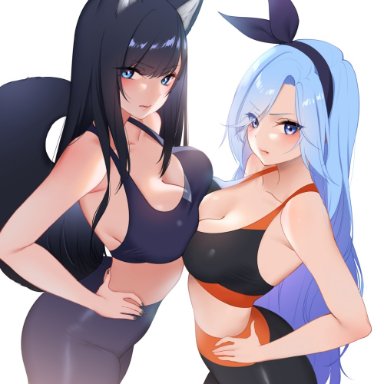 2girls, breasts, cleavage, female, female only, looking at viewer, reiko (tofuubear), thick thighs, tofuubear, wide hips