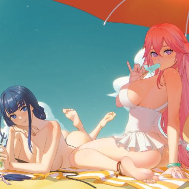 2girls, ass, baal (genshin impact), barefoot, beach, big ass, big breasts, bikini, blue eyes, blue hair, breasts, clothing, curvy, feet, female