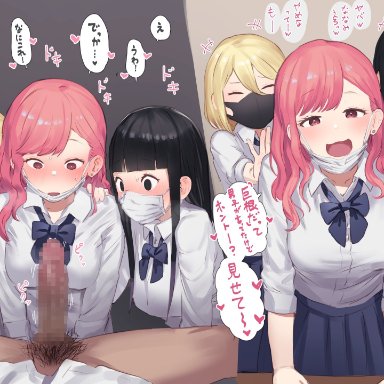 1boy, 3girls, black hair, blonde hair, blush, gyaru, highres, ie (raarami), large penis, male pubic hair, mask, mouth mask, multiple girls, open mouth, original