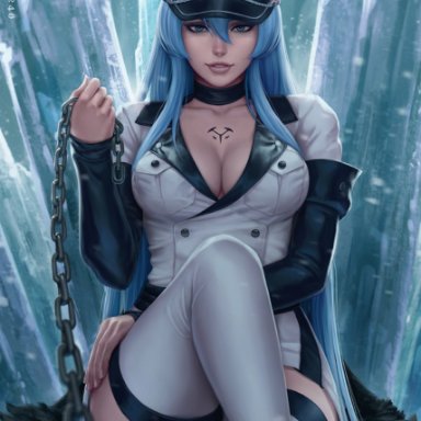 akame ga kill!, blue eyes, blue hair, boots, crossed legs, esdeath (akame ga kill!), female only, femdom, longboots, looking at viewer, mirco cabbia, pov, pov eye contact, thigh boots, thigh high boots