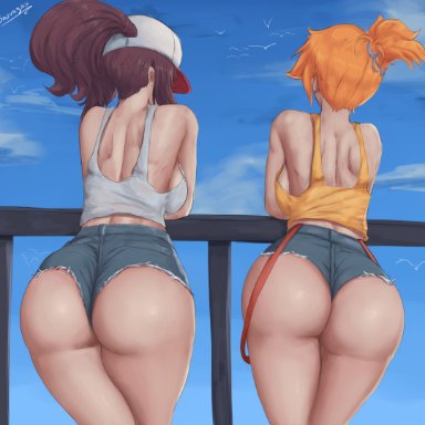 2girls, ass, big ass, big butt, breasts, brown hair, female, hat, hilda (pokemon), kasumi (pokemon), long hair, minishorts, nintendo, orange hair, pokemon