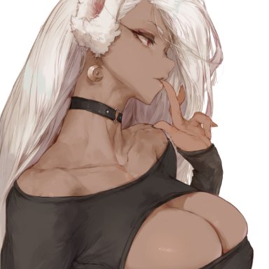 1girls, absurd res, animal ears, artist name, boob window, breasts, choker, cleavage, cutesexyrobutts, dark-skinned female, earrings, female, female only, finger in mouth, hi res