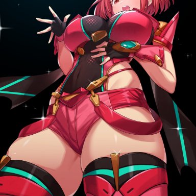 belly button, big breasts, big breasts, busty, cleavage, curvy, curvy female, curvy hips, green322, pyra, red eyes, red hair, shorts, thick thighs, thighhighs