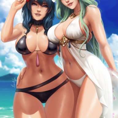 2021, 2girls, alternate costume, arm around waist, artist signature, bare legs, beach, bikini, black bikini, black swimsuit, blue hair, blue sky, breasts, byleth, byleth (fire emblem)