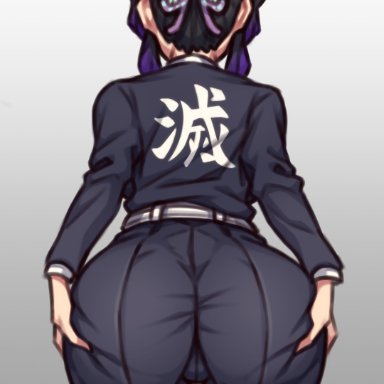 ass, ass focus, ass grab, back view, big ass, black hair, butterfly hair ornament, clothing, coffeelove68, demon slayer, female, female only, fully clothed, grabbing own ass, kimetsu no yaiba