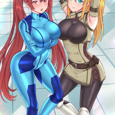 2girls, alternate costume, ass, blonde hair, blue eyes, bodysuit, cosplay, crossover, female only, fire emblem, fire emblem: awakening, kaos art, large breasts, long hair, metroid