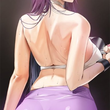 ass, back, bare shoulders, black background, breasts, closed mouth, damda, dumbbell, eyebrows visible through hair, fate/grand order, fate (series), female, from behind, gradient, gradient background