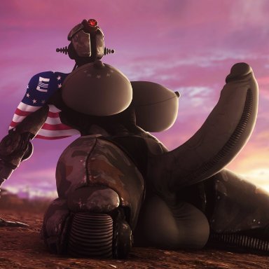 1futa, 3d, american flag, arched back, areolae, assaultron, balls, breasts, erect penis, erection, fallout, fallout 4, from below, futa only, futanari