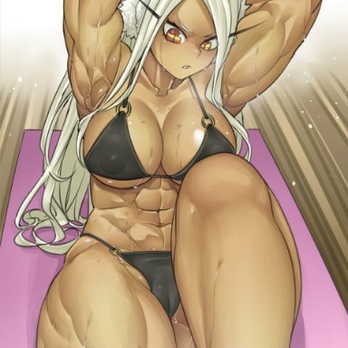 abs, big breasts, bikini, bunny ears, dark-skinned female, dark skin, exercise, miruko, muscular, muscular female, my hero academia, rumi usagiyama, shosho oekaki, solo, sweat