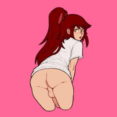 1boy, anus, ass, bottomless, buisy, femboy, from behind, girly, long hair, penis, perineum, pink background, ponytail, presenting hindquarters, red hair