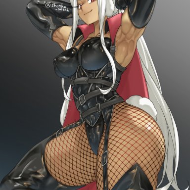 big ass, bunny ears, bunny tail, cosplay, dark-skinned female, dark skin, dominatrix, doronjo, fishnets, leather, miruko, muscular, muscular female, my hero academia, rumi usagiyama