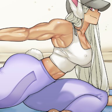 barefoot, baseball cap, bunny ears, bunny tail, dark-skinned female, dark skin, feet, looking at viewer, miruko, muscular, muscular female, my hero academia, rumi usagiyama, shosho oekaki, soles