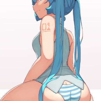 1girls, abmayo, aqua eyes, aqua hair, ass, bare legs, big ass, blush, breasts, eye contact, feet, female, hatsune miku, kneeling, looking at viewer