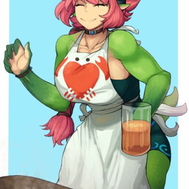 apron, argohazak, beer, big breasts, braid, choker, closed eyes, colored, curved horns, dragon, eigaka, eyebrows visible through hair, green scales, happy, horns