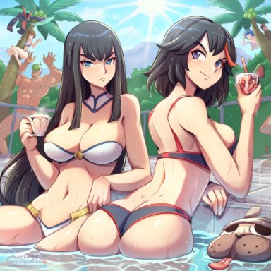 3boys, 3girls, ass, bikini, black hair, blue eyes, breasts, brown hair, clothed, clothing, female, gamagoori ira, holding, holding drink, holding object