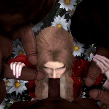 1girl, 1girls, 3d, 5boys, aerith gainsborough, animated, balls, big penis, blowbang, blowjob, blowjob face, blueberg, breasts, brown hair, cock hungry