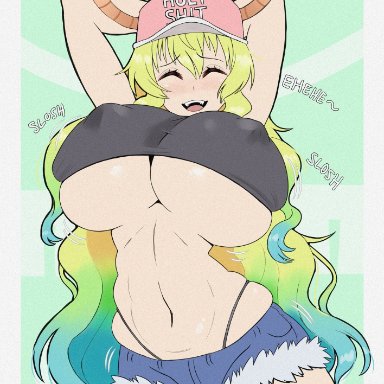 1girls, bare midriff, belly button, big breasts, blonde hair, bouncing breasts, breasts, closed eyes, female, female only, horns, huge breasts, large breasts, miss kobayashi's dragon maid, nipple bulge