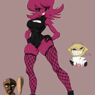 1girls, abs, artist signature, baseball bat, blush, diddlydooter1, fishnet stockings, friday night funkin, hands on hips, high heels, lol, matt (wii sports), minus gf (iagoanims), minus monster (logoanims), partially clothed