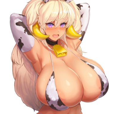 1girls, 2021, ahoge, animal ears, animal print, areola slip, areolae, arms behind head, bell, blonde hair, breasts, cow ears, cow girl, cow print, cowbell