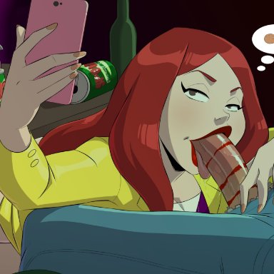 2boys, aeolus06, blowjob, clayface, disguise, erection, fellatio, harley quinn (series), kneeling, lipstick on penis, red hair, rule 63, seated, selfie, shapeshifter