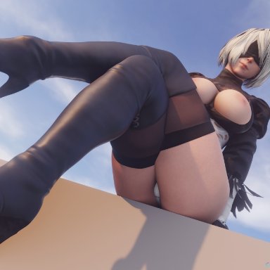 3d, black blindfold, black legwear, blindfold, breasts, breasts outside, crossed legs, csr55, female, juliet sleeves, leotard, nier, nier: automata, nier (series), sitting