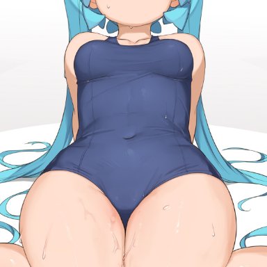1girls, abmayo, blush, breasts, cleavage, female, female only, hatsune miku, looking at viewer, one-piece swimsuit, solo, sweat, swimsuit, thick thighs, vocaloid