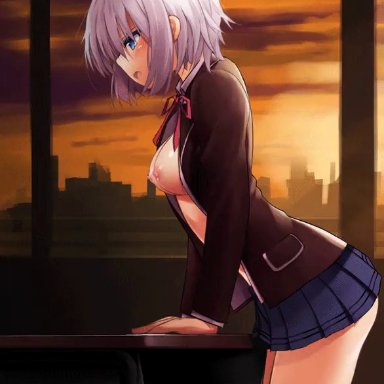 1girls, animated, blue eyes, blue skirt, breasts, date a live, desk, dobunezumi, female, female masturbation, female only, from side, masturbation, medium breasts, no bra