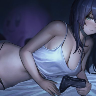 1girls, black hair, blush, cleavage, controller, female, female focus, female only, green eyes, indoors, looking at viewer, lying on side, original, panties, plushie