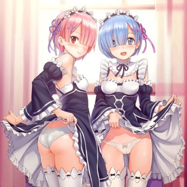 blue eyes, blue hair, blush, happy, lifting dress, lifting skirt, looking at viewer, maid, maid uniform, misakamitoko0903, open mouth, panties, ram (re:zero), re:zero kara hajimeru isekai seikatsu, red eyes