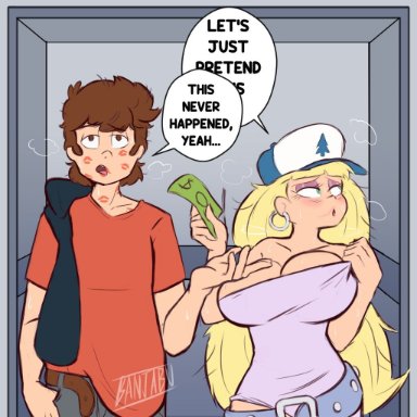 banjabu, blonde hair, breasts, brown eyes, brown hair, dipper pines, disney, elevator, gravity falls, green eyes, huge breasts, lipstick, lipstick on face, pacifica northwest