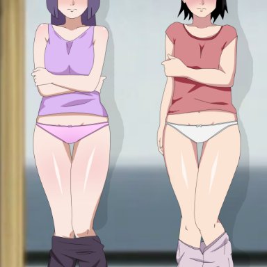 2girls, agung911, bare arms, bare shoulders, barefoot, black eyes, black hair, blush, boruto: naruto next generations, clothed, clothing, embarrassed, feet, female, female focus