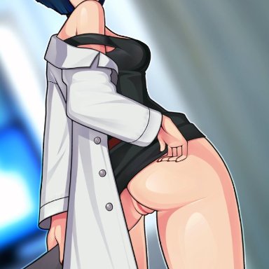 1girls, ass, bangs, big ass, biting lip, blue hair, bob cut, doctor, dress, female, female only, half-closed eyes, labcoat, lipstick, loodncrood