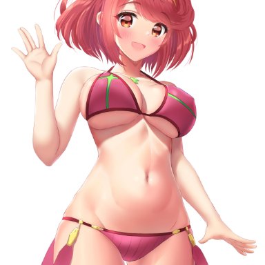 -ken-, 1girl, alternate costume, ass visible through thighs, bikini, breasts, female, looking at viewer, nintendo, open mouth, pyra, red eyes, red hair, short hair, solo