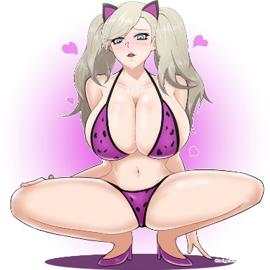 1girls, ann takamaki, axel persona, big breasts, bikini, blonde hair, blue eyes, blush, cat ears, clothed, heels, huge breasts, large breasts, persona, persona 5