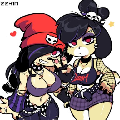 2girls, animal crossing, anthro, black hair, black nails, breasts, choker, cleavage, clothed, crop top, crossover, eyeshadow, female, female only, fingerless gloves