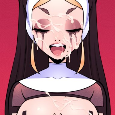 1girls, blonde hair, breasts, breasts outside, closed eyes, covered nipples, cum, cum on breasts, cum on face, eyeshadow, female, long hair, makeup, nun, nun's habit