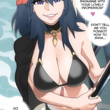 1girls, alternate costume, bikini, black bikini, black swimsuit, blue eyes, byleth (fire emblem), byleth (fire emblem) (female), cape, cleavage, dialogue, english text, fire emblem, fire emblem: three houses, fire emblem heroes