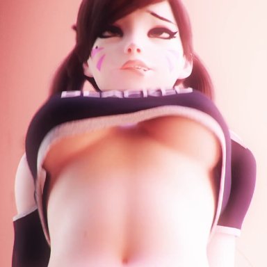 1girls, 3d, animated, blacked clothing, blender, bouncing breasts, crop top, d.va, implied sex, lipstick, no bra, overwatch, phone, simple background, suggestive