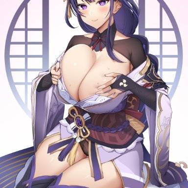 1girls, absurd res, baal (genshin impact), blush, breast grab, breasts, busty, clothing, female, genshin impact, hi res, huge breasts, japanese, japanese clothes, kimono