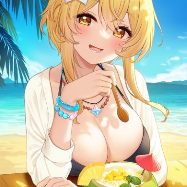 1girls, banana, beach, big breasts, bikini, blonde hair, blush, breasts, busty, cleavage, clothed, clothing, drink, female, fruit