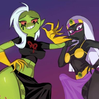 2futas, alien, big breasts, big bulge, big penis, black penis, black skin, bra, breasts, bulge, clothed, clothing, crossover, dickgirl, duck dodgers