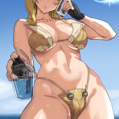 ashiomi masato, beach, bikini, blonde hair, blue eyes, breasts, fingerless gloves, gloves, guilty gear, hat, looking at viewer, millia rage, navel, standing, tagme