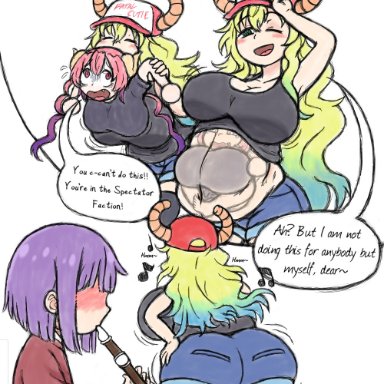 2girls, ass expansion, big belly, big breasts, big butt, blonde hair, blush, breast expansion, cap, dancing, digestion, english text, female, flute, green hair