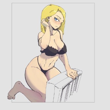 aeyga, android 18, aolo, dragon ball, dragon ball z, female, kneeling, lingerie