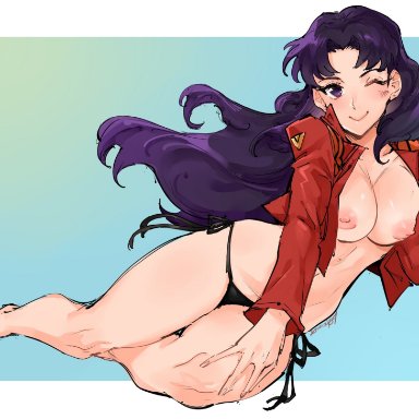 barefoot, blue background, blush, border, breasts, cleavage, commission, curvy, female, gradient, gradient background, hand on own knee, highres, jacket, katsuragi misato