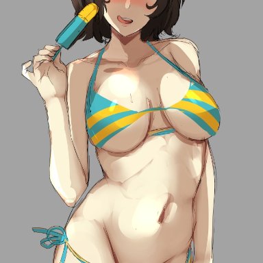 alternate costume, atlus, bikini, breasts, brown eyes, brown hair, female, holding, holding object, holding popsicle, lainart, looking at viewer, open mouth, persona, persona 5