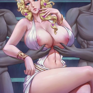 1girls, 2021, 3boys, aphrodite (shuumatsu no valkyrie), areola slip, areolae, arimatang, artist signature, bangle, bare legs, barely clothed, barely contained, belly button, blonde hair, blue eyes