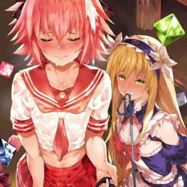 2boys, astolfo (fate), bare shoulders, blonde hair, blush, chevalier d'eon (fate), closed eyes, crossdressing, erection, erection under clothes, fate/grand order, fate (series), femboy, flower, green eyes