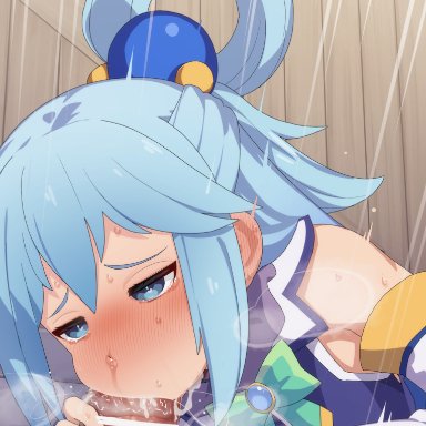 1boy, 1girls, alternate version, aqua (konosuba), aqua eyes, aqua hair, big penis, blowjob, blue eyes, blue hair, blush, censor bar, censored, clothed female, deepthroat